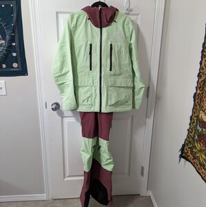 The North Face Burgundy & Lime Green Dragline Ski Suit Jacket & Bib